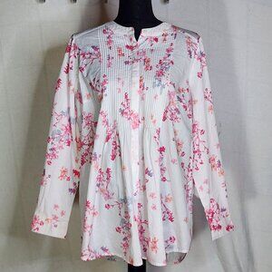 Woman Within White Pink Blue Flowers Hidden Closure Cotton Pleated LS Top Sz M